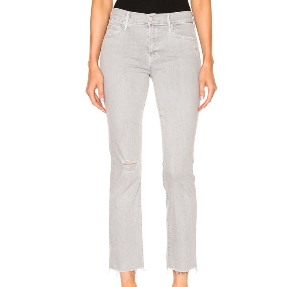 Mother Rascal Ankle Snippet Crop Soft Gray Distressed Straight Leg Jeans Size 27